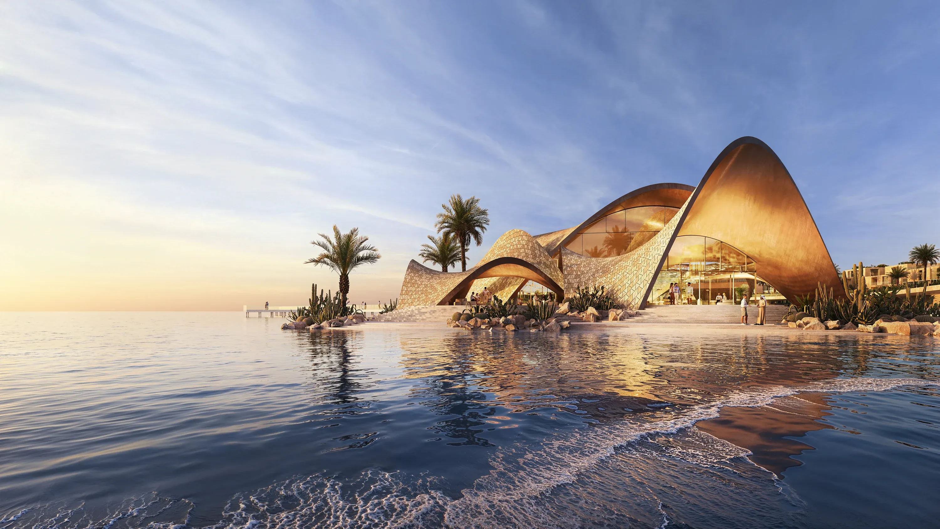 The branded beach club and shoreline at Mira Coral Bay