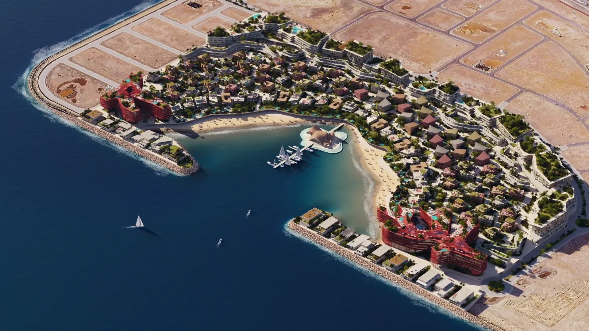 Aerial view of the Mira Coral Bay marina with yachts at berth