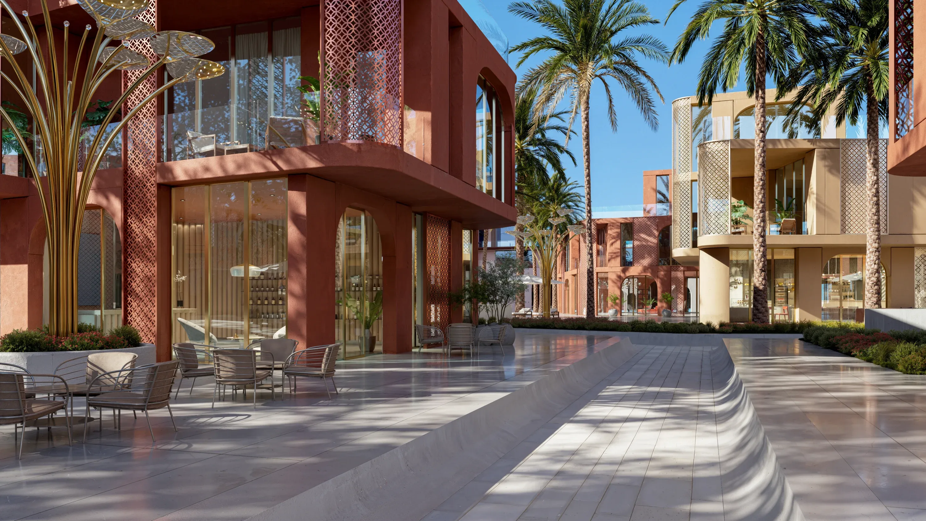 Branded boutique terraces along the plaza at Mira Coral Bay