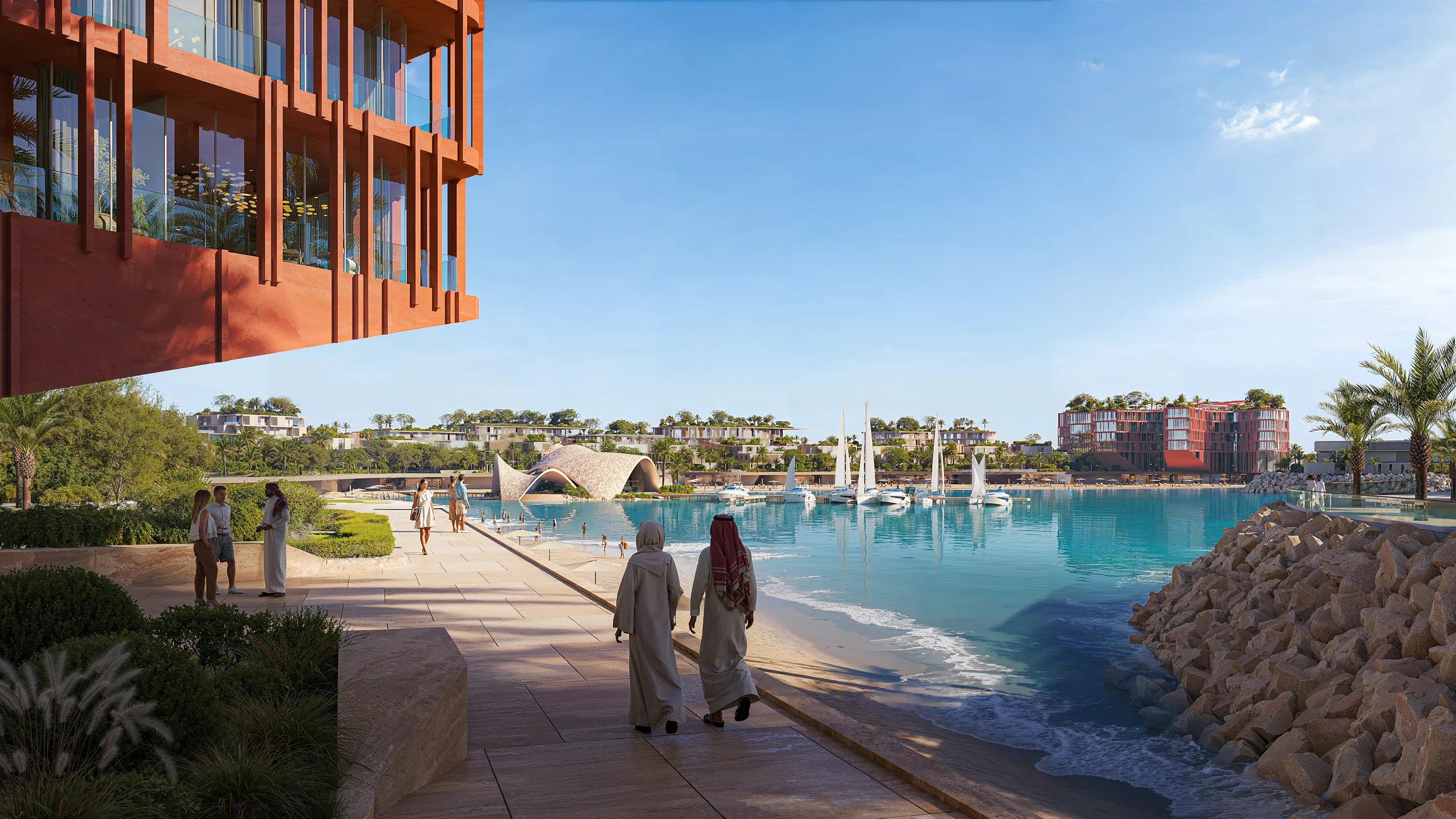 The waterfront promenade at Mira Coral Bay, its marina and clusters along one shoreline
