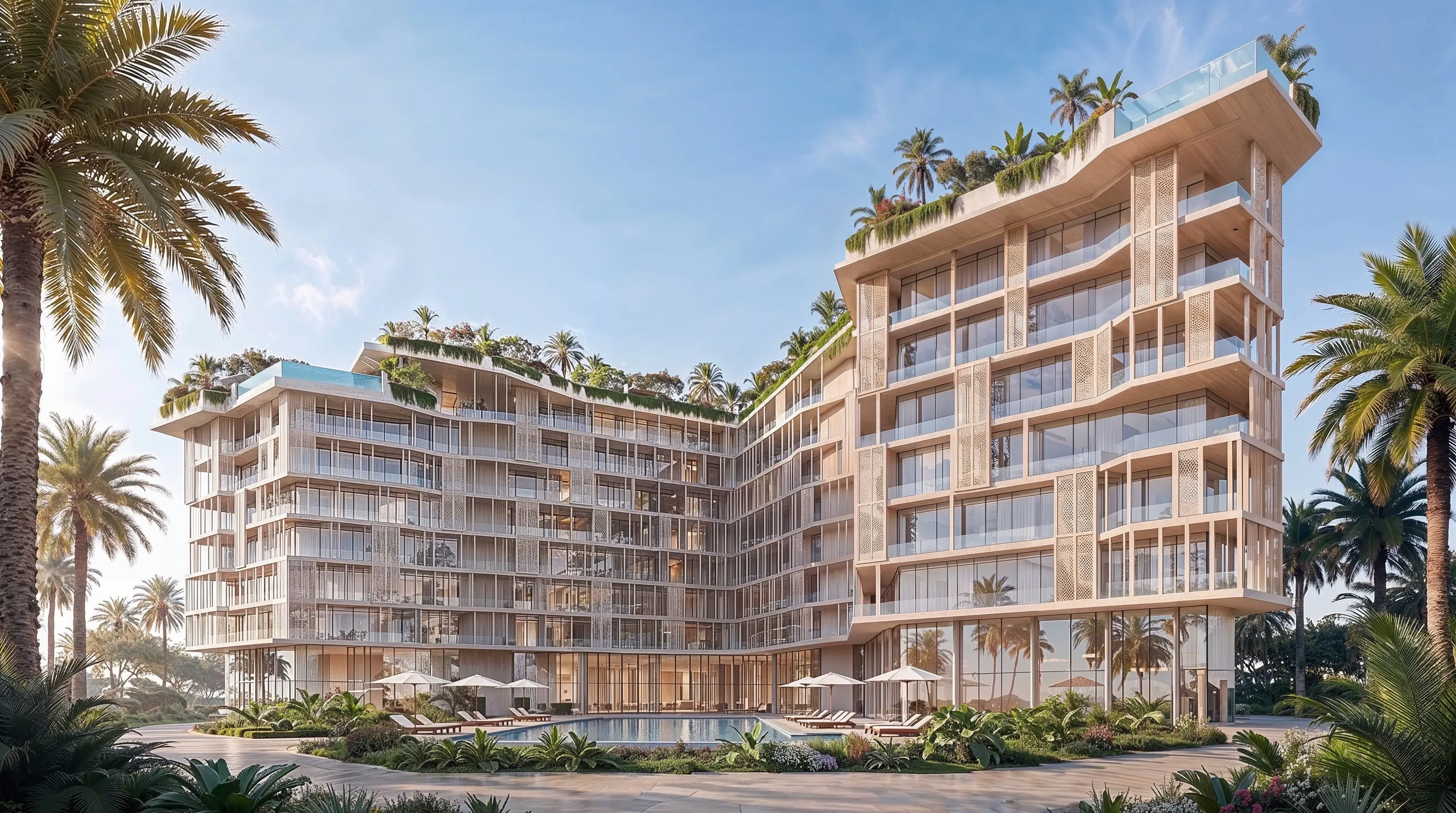 Der Bewohnerpool von Richmond Residences, Liegen und Schirme entlang der Terrasse unter den gestuften Balkonen