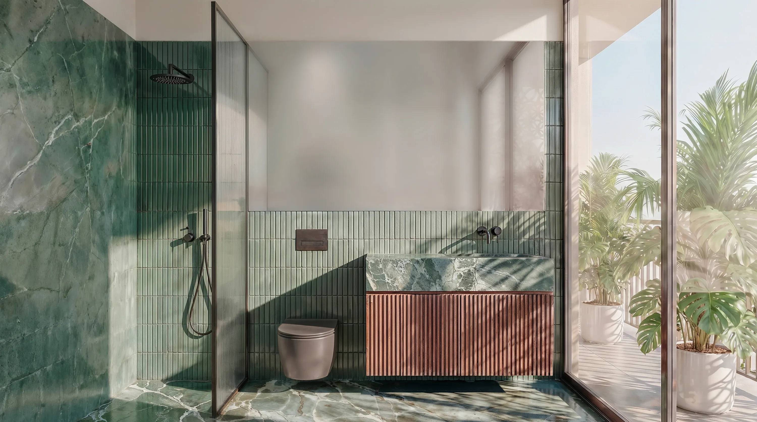 Ein Badezimmer in Richmond Residences in grünem Marmor, die bodengleiche Dusche neben einem geriffelten Holzwaschtisch