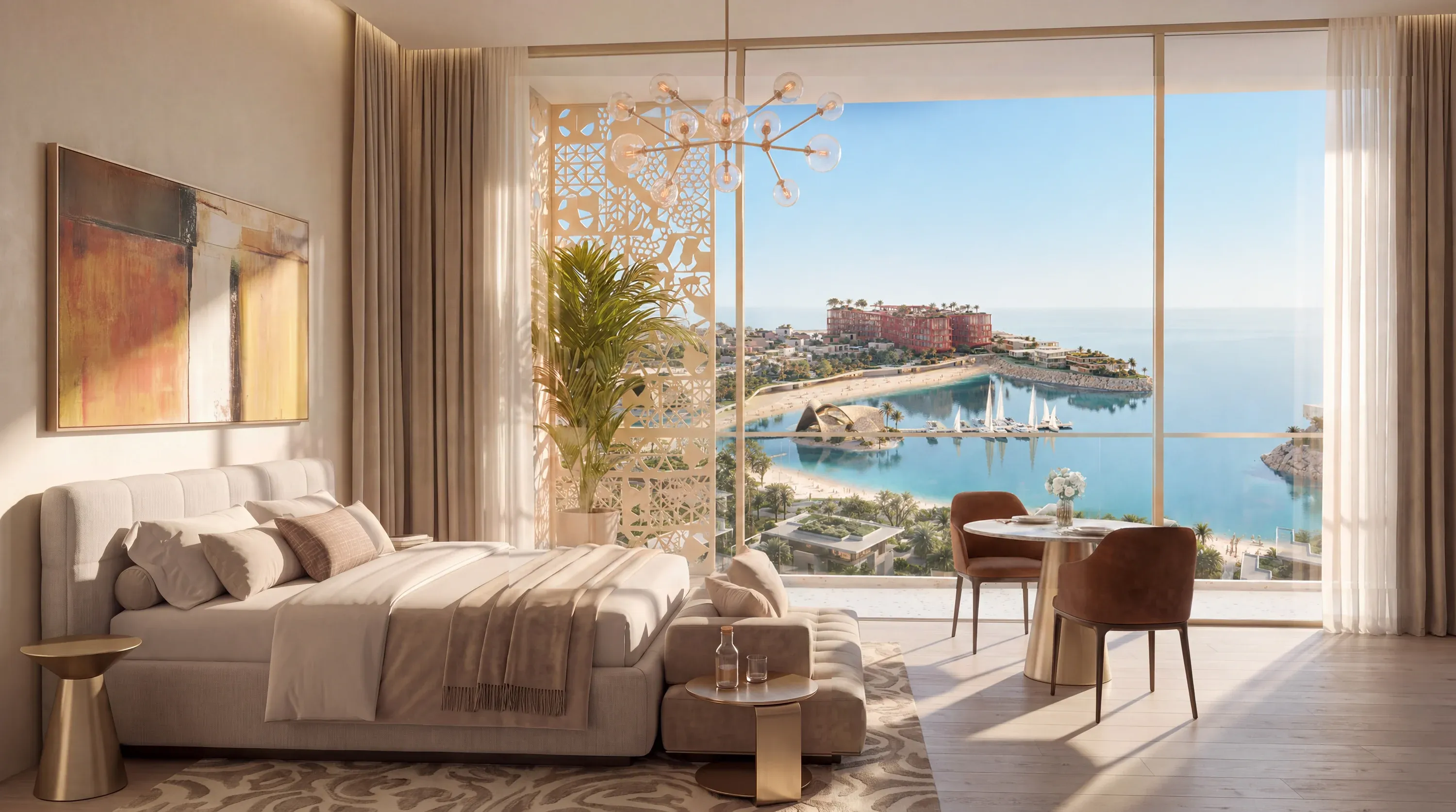 Ein Schlafzimmer in Richmond Residences mit Blick über die Bucht