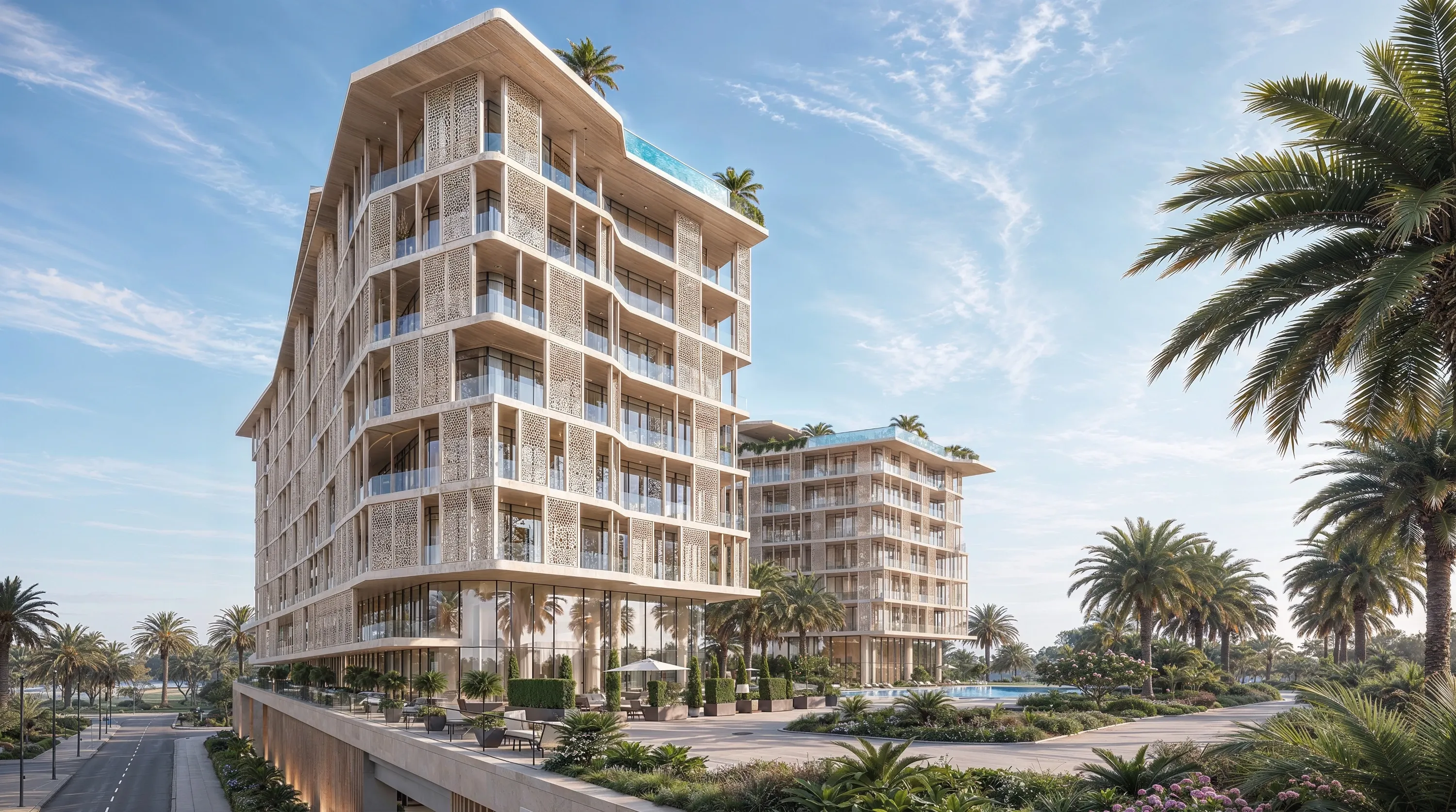 Die Fassade von Richmond Residences über dem Podium in Mira Coral Bay