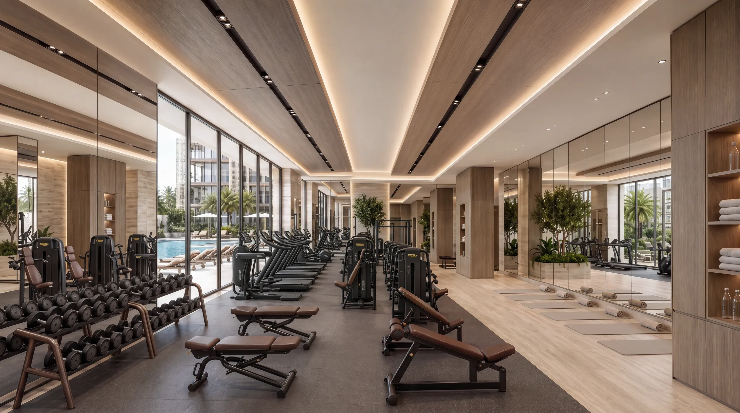 Der von Technogym ausgestattete Fitnessbereich von Richmond Residences, die Geräte entlang der Poolverglasung