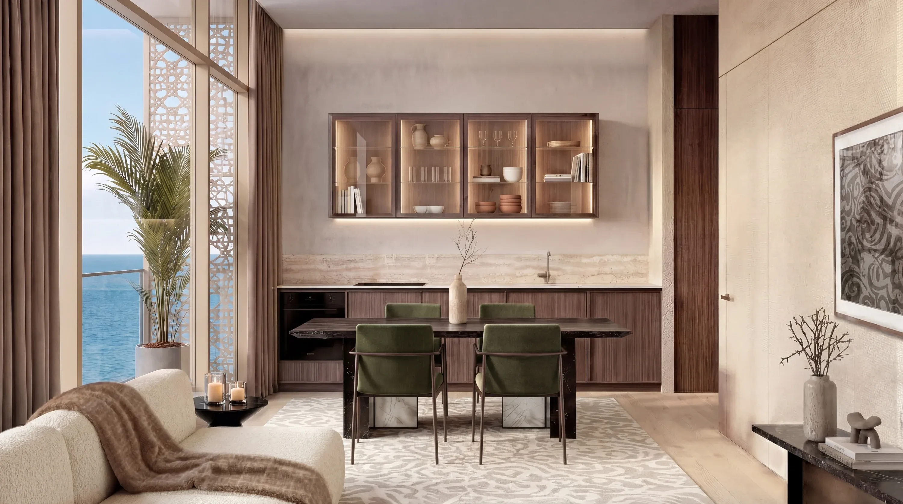 Der Küchen- und Essbereich von John Richmond in einem Apartment von Richmond Residences, das Meer hinter der Verglasung