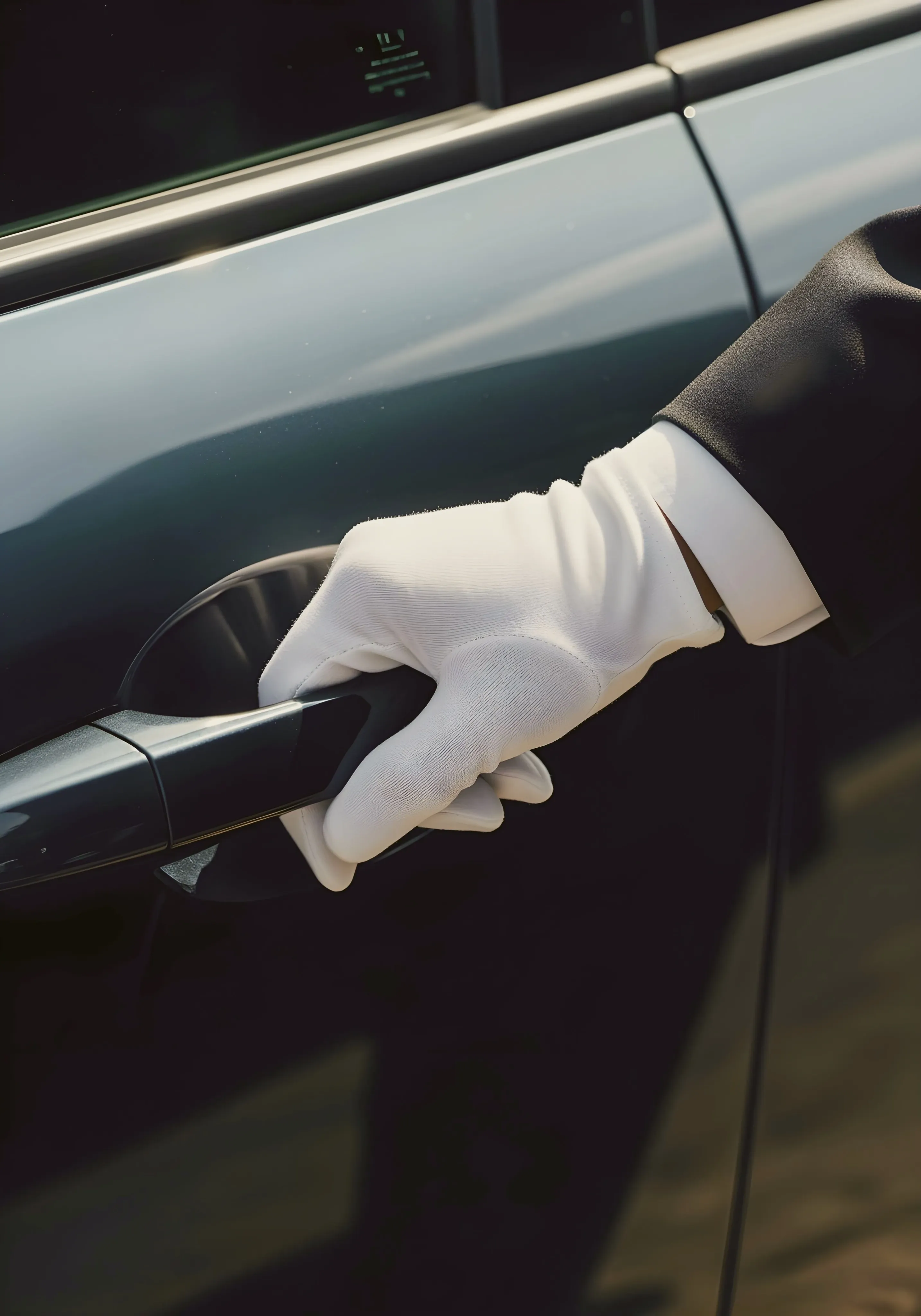 Eine Hand im weißen Handschuh an der Wagentür in der Vorfahrt